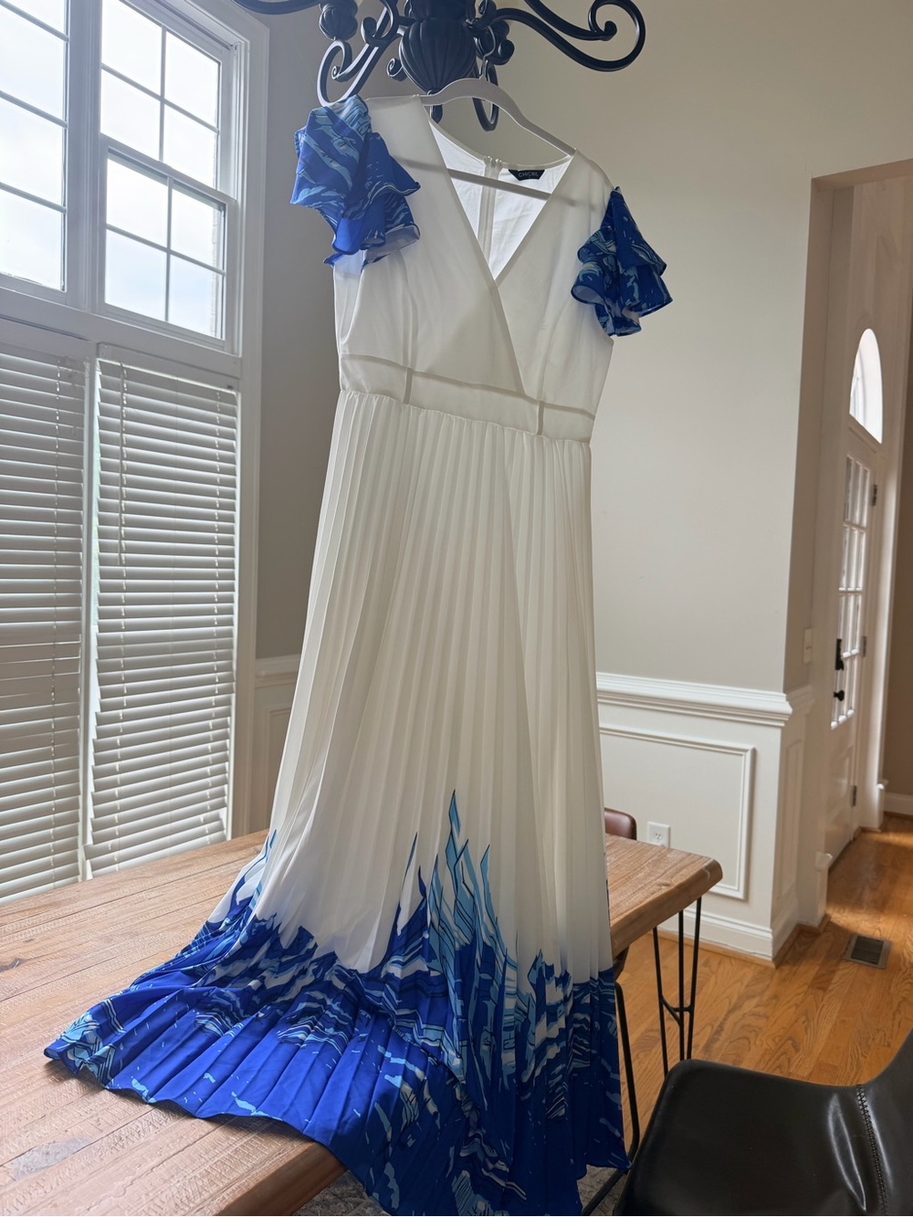 chic White Dress with Blue Floral Accents